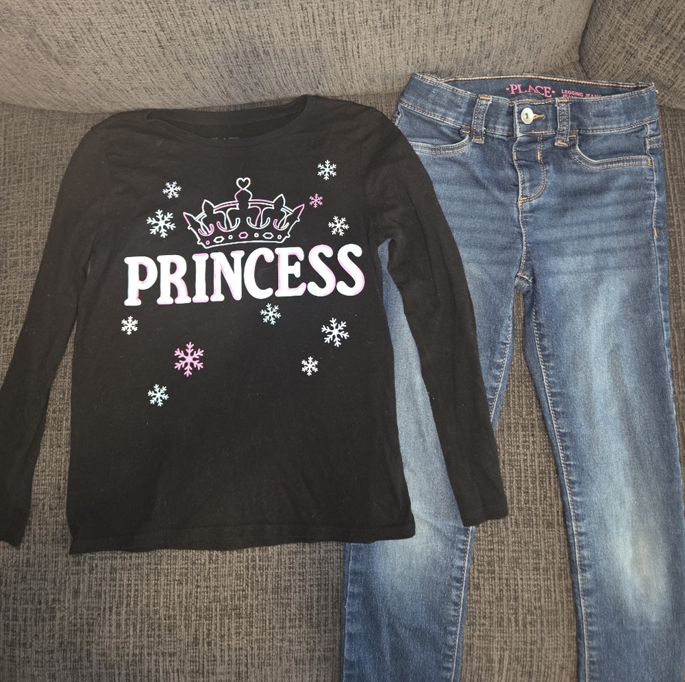 The Children's Place Black and Blue Princess Long Sleeve Set W/ Legging Jeans